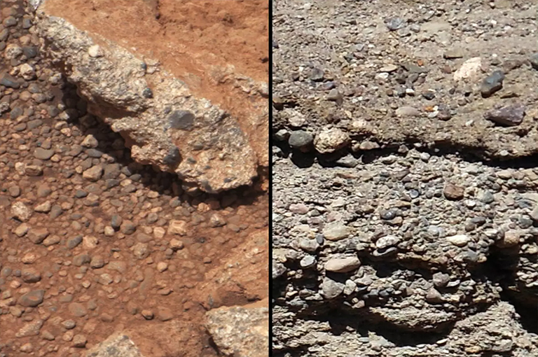 火星上的砾岩（左）与地球上的砾岩（右）相比