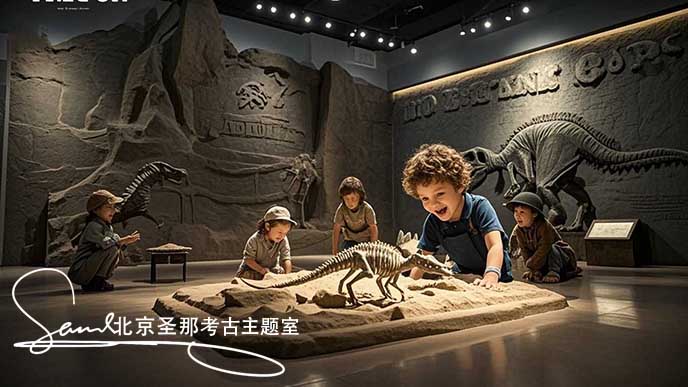 jimeng-2025-05-21-123-这张图片呈现了一个充满趣味的考古场景 。周围环境被漂亮的灯光笼罩，营造出神秘氛围。小朋友身处仿真山洞的空间内，在模拟的考古探险情境中探索，体验发现宝藏的乐趣....jpeg