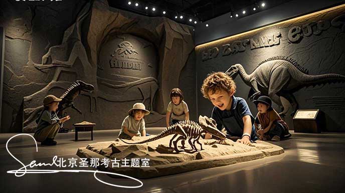 jimeng-2025-05-21-124-这张图片呈现了一个充满趣味的考古场景 。周围环境被漂亮的灯光笼罩，营造出神秘氛围。小朋友身处仿真山洞的空间内，在模拟的考古探险情境中探索，体验发现宝藏的乐趣....jpeg