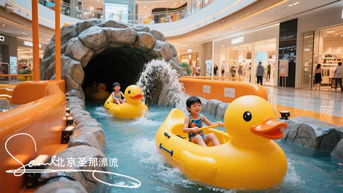 jimeng-2025-06-18-1226-在城市商场中设置漂流的地球主题漂流：网红漂流设施，设置漂流洞和仿石漂流水道。儿童....jpeg