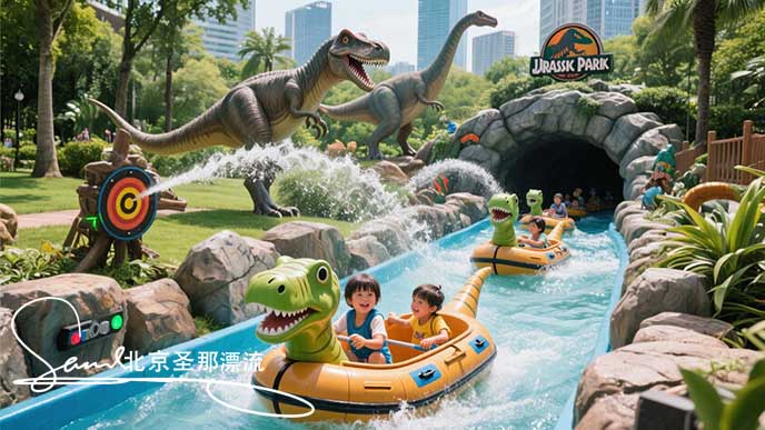 jimeng-2025-06-18-1248-在城市公园中设置侏罗纪公园主题漂流：网红漂流设施，设置漂流洞和仿石漂流水道。儿童....jpeg