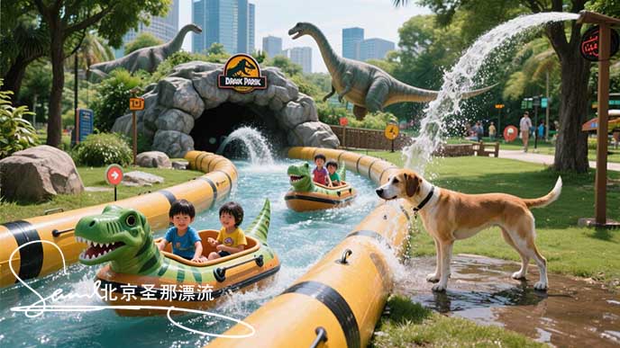 jimeng-2025-06-18-1750-在城市公园中设置侏罗纪公园主题漂流：网红漂流设施，设置漂流洞和仿石漂流水道。儿童....jpeg