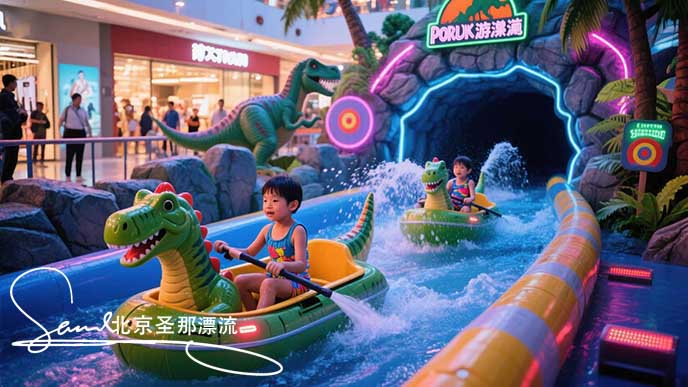 jimeng-2025-06-18-2295-在城市商场中设置侏罗纪公园主题漂流：网红漂流设施，设置漂流洞和仿石漂流水道。儿童....jpeg