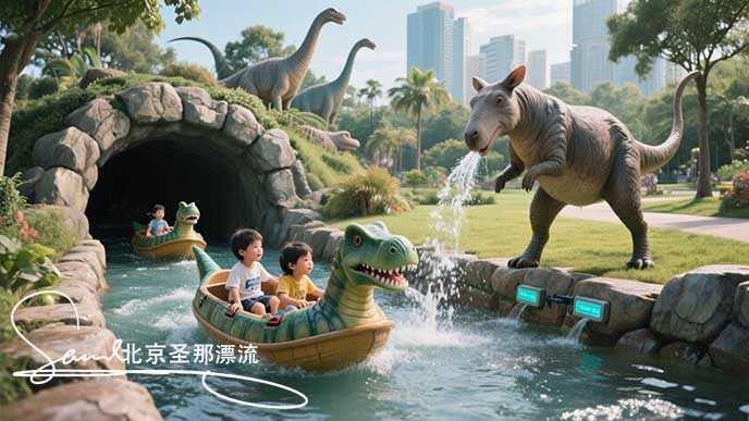 jimeng-2025-06-18-2320-在城市公园中设置侏罗纪公园主题漂流：网红漂流设施，设置漂流洞和仿石漂流水道。儿童....jpeg