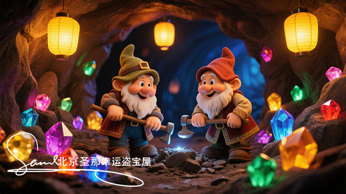 jimeng-2025-06-21-2001-这是一个充满奇幻色彩的矿洞场景。画面中有两个小矮人造型的人偶，他们穿着传统服饰，....jpeg
