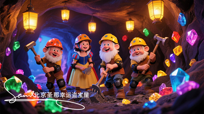 jimeng-2025-06-21-1829-这是一个充满奇幻色彩的儿童游乐项目城市探洞矿洞场景主题室。白雪公主和小矮人钻洞到....jpeg
