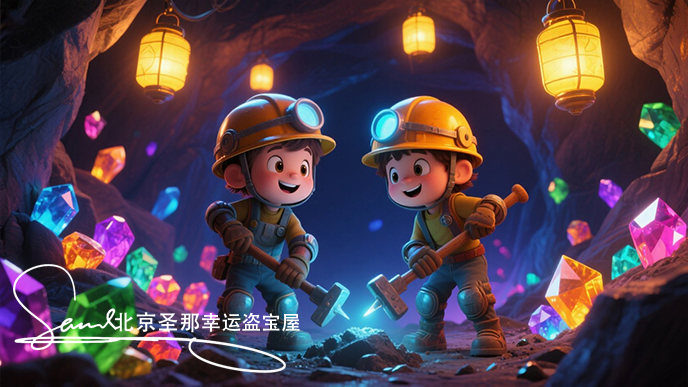 jimeng-2025-06-21-7216-这是一个充满奇幻色彩的矿洞场景。画面中有两个带头盔和护膝护肘的小朋友，他们手持采....jpeg