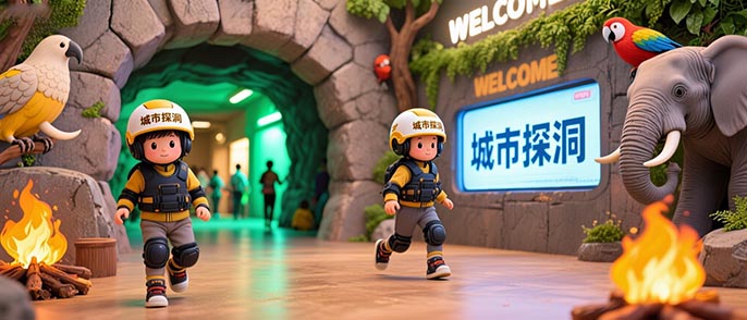 jimeng-2025-07-25-8574-赛博朋克风格的狭小的室内山洞方舱 。在水泥塑石墙面上有供小朋友游乐的山洞。儿童戴....jpeg